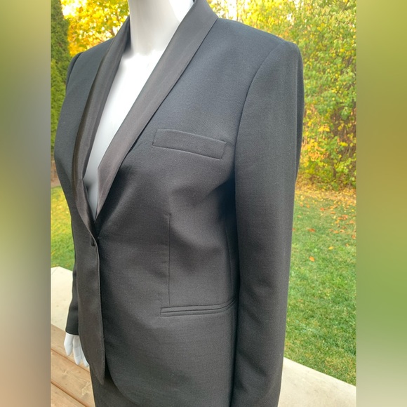 Zara black 100% Wool tuxedo style long blazer shiny black satin collar US Large - Picture 7 of 14